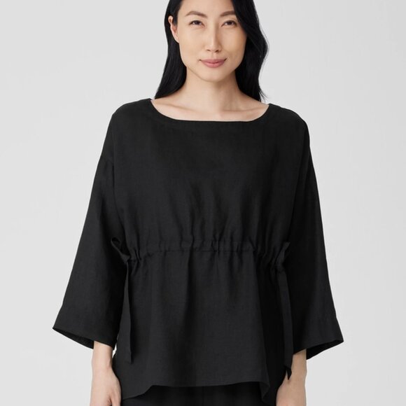 Eileen Fisher Tops - Eileen Fisher Linen Black Tunic Drawstring Waist Bateau Neck Lightweight XS/TP
